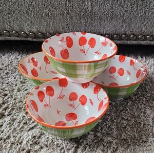 Cherry Print Ceramic Bowl - White with Red Cherries New Set Of 4
